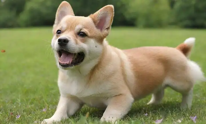 Feliz cachorro juguetono, cola ondulante, día soleado brillante, exuberante hierba verde, flores coloridas, mariposa saltando cerca, pose relajada, brillante abrigo, ojos brillantes, orejas flojas, posición desnudamente con el propietario, ambiente cómodo