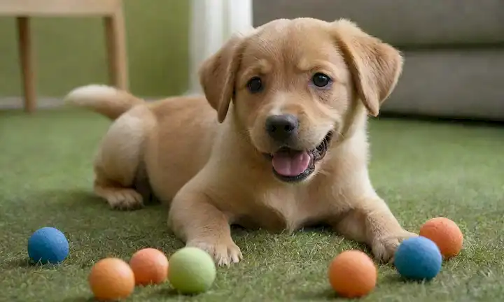 Un cachorro juguetón jugando con un juguete de masticar, rodeado de bolas suaves y coloridas, con una cara sonriente y cola ondulante, en una hierba verde o piso alfombrado, sin desorden ni distracciones en la vista, transportando seguridad y diversión