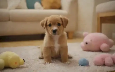 Un cachorro tranquilo y juguetón sentado en una alfombra