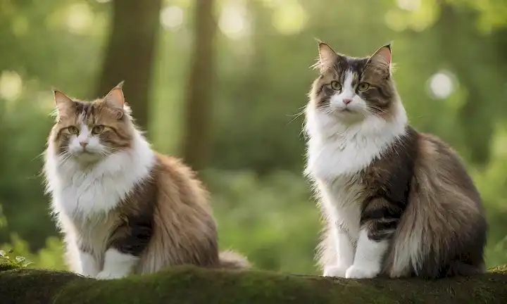 3-4 Norwegian Forest Cats in various colors, sitting amidst lush green trees, sunlight filtering through leaves, soft focus, warm tones, natural environment