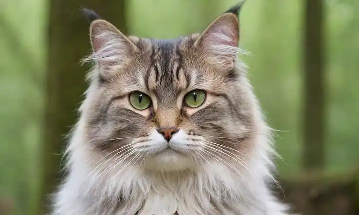 Un bosque noruego Los gatos calman la cara con ojos verdes, rodeados de un fondo borroso de árboles y atmósfera defectuosa, con textura suave de piel y sutiles whiskers