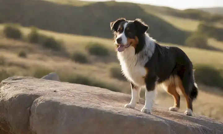 Un paisaje tranquilo y sereno con un terreno robusto, con una suave corriente corriendo a través de él; un solitario perro pastor australiano de pie en una roca con vistas al paisaje; la cálida luz del sol arrojando largas sombras; enfoque suave para enfatizar la textura y la atmósfera