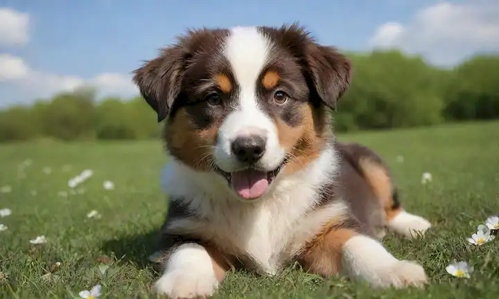 Un feliz cachorro de Pastor australiano, tumbado en un campo verde de hierba, rodeado de flores florecientes, con un ligero efecto borroso para transmitir un sentido de movimiento, contra un suave fondo de cielo azul, mostrando su capa suave y expresión inquisitiva