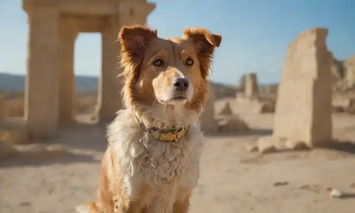 Un perro majestuoso de pelo rizado con una expresión suave, de pie en un terreno arenoso, rodeado de ruinas antiguas, con un toque de cielo azul en el fondo, adornado con un collar dorado y unos pocos wisps de piel soplando en el viento, transmitiendo un sentido de regalidad y mística