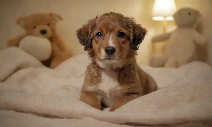 Un cachorro suave con un abrigo rizado, sentado en un cojín suave, mirando al espectador con grandes ojos marrones, rodeado de juguetes de felpa y una manta desgastada, con un ambiente tranquilo y contento, una iluminación cálida y un fondo natural