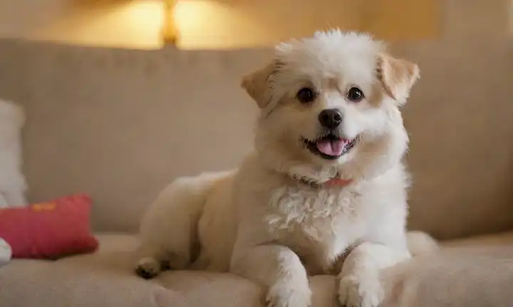 pequeño perro blanco rubio con la cola rizada ondeando, sentado en el sofá suave, rodeado de juguetes y golosinas, cálida luz dorada en el fondo, suave enfoque en su rostro adorable, ambiente tranquilo, sin distracciones