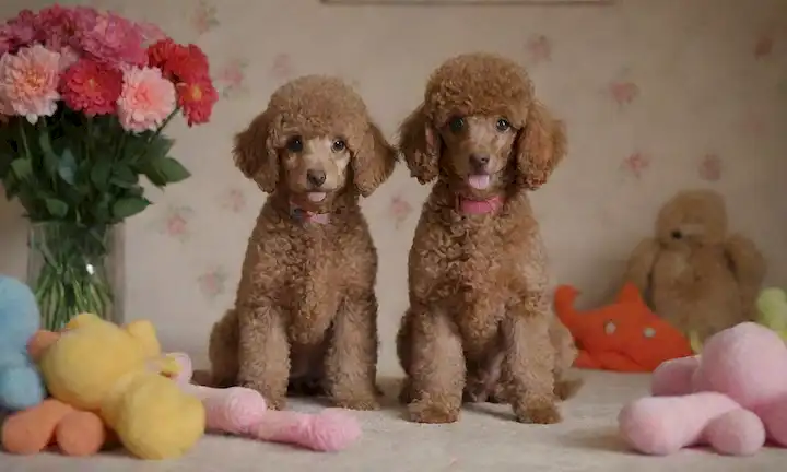 3-5 Poodles lindos, de tamaño de juguete en diferentes poses, con uno de pie derecho en las patas traseras, rodeado de juguetes, flores, y un acogedor fondo de sala de estar, mostrando sus abrigos de piel rizada, ojos brillantes y expresiones juguetonas, con un toque de movimiento para transmitir energía y juguetón