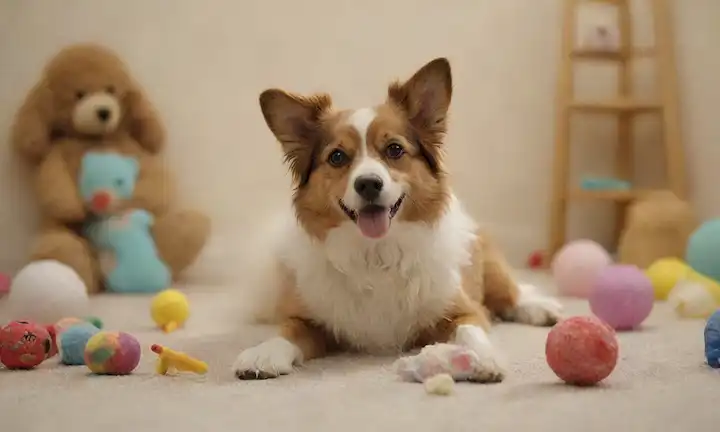 Pequeño, juguetón, peludo perro con una cola rizada, sentado o acostado en un fondo suave, rodeado de juguetes y golosinas, transportando felicidad y amistad