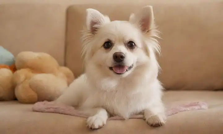 Pequeño perro blanco con cabello largo sedoso