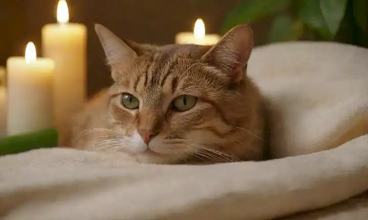 Un gato contento tumbado en una superficie suave, posiblemente una cama o una manta, con una sonrisa suave, rodeado de elementos calmantes como velas o plantas, y algunos artículos postoperatorios como vendajes o medicamentos, con una iluminación cálida y reconfortante