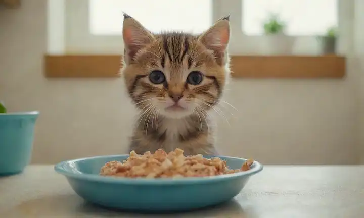 Un gatito alegre y juguetono rodeado de un tazón de agua fresca, un plato de comida sana y un acogedor refugio