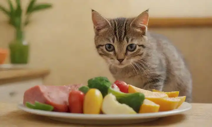 Un plato de verduras coloridas, frutas jugosas, granos enteros y carne tierna, con un curioso gatito olfateando curiosamente en el primer plano, contra un fondo beige cálido con textura sutil, mostrando una extensión sana y apetitosa