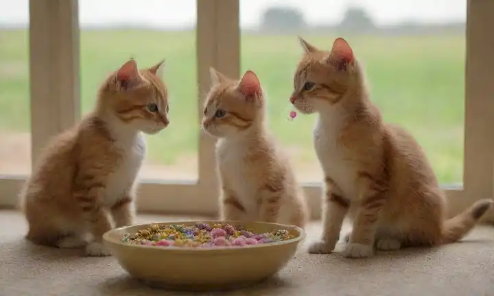 3 adorables gatitos jugando con juguetes de gato