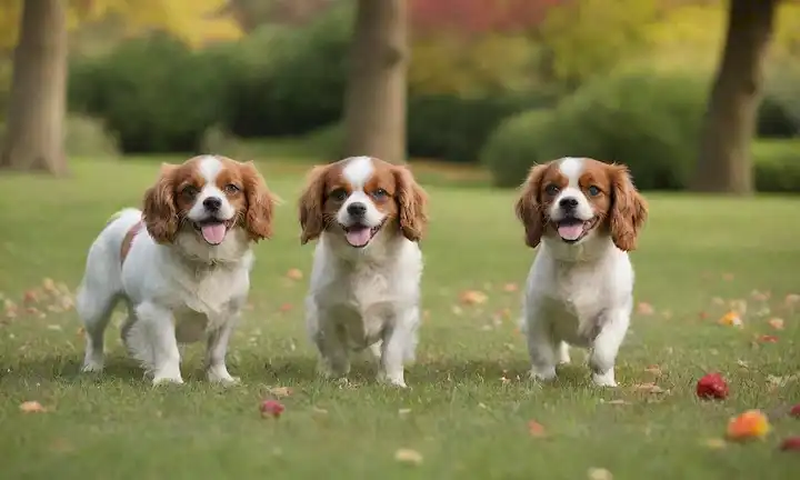 2 adorables Cavaliers jugando juntos en un exuberante césped verde