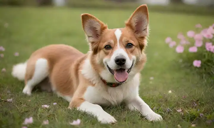 Un perro feliz de tamaño mediano con una cola rizada y orejas floppy, acostada en un campo verde hierba, rodeado de flores brillantes, con un fondo borroso sutil, iluminación cálida y enfoque suave