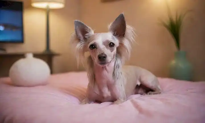 Un perro Chino Crested tranquilo acostado en una cama suave, con una mirada suave, rodeado de juguetes y golosinas, en una habitación acogedora con iluminación cálida, con un fondo borroso de un paisaje urbano o un parque, transmitiendo un sentido de serenidad y compañía, mientras que sus características únicas como su cabeza inquieto, el pelo escaso y la piel rosa se muestran