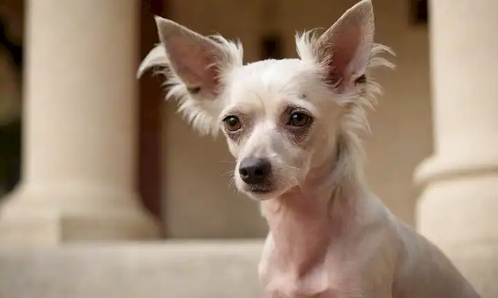Un suave y curvo perro crestado chino sentado tranquilamente, con una cresta suave en su cabeza, rodeado de un fondo borroso sutil, posiblemente con toques de arquitectura o motivos de inspiración asiática