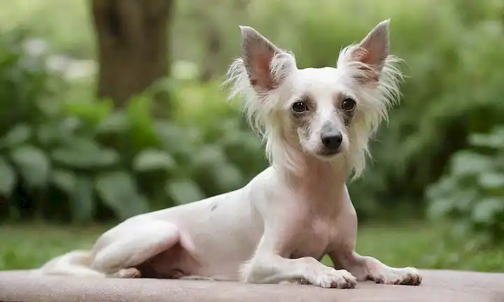 Un perro chino Crested con una expresión suave, acostado en una superficie suave, rodeado de vegetación exuberante, con su piel desbordada para mostrar sus características únicas, frente a un fondo sutil borroso, destacando sus parches blancos y de color crema, con sus oídos ligeramente inclinados hacia arriba y la cola relajada
