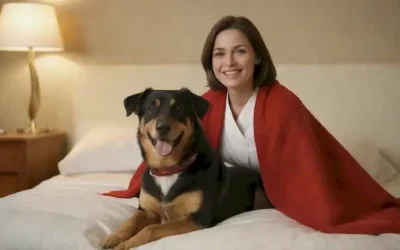 Un perro tranquilo sentado en una cama