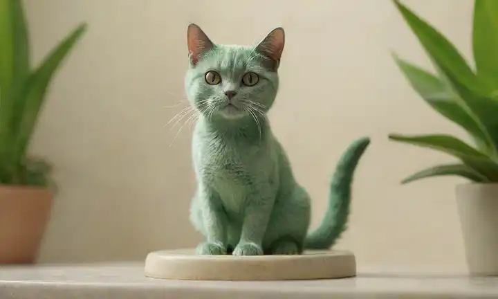 Un gato sereno, de color verde rodeado de elementos calmantes como plantas y una pequeña fuente de agua, con un enfoque sutil en el sistema digestivo de gatos, como una ilustración de sus intestinos o una pequeña muestra de heces, contra un fondo suave y cremoso
