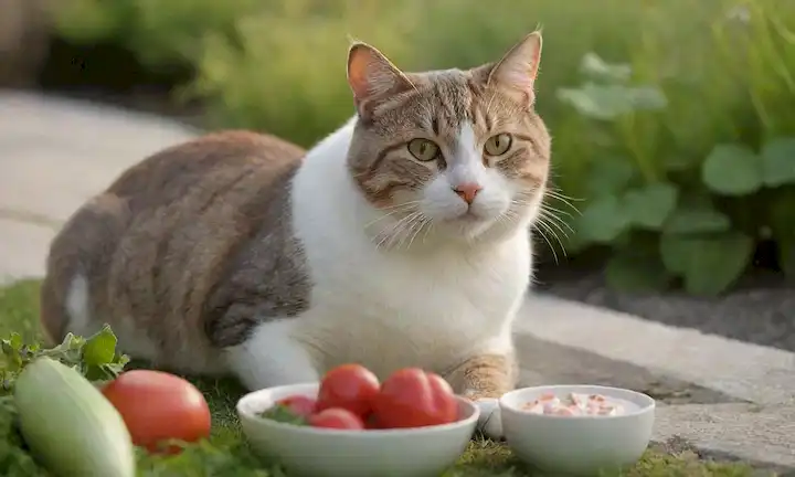 Un gato con un abrigo elegante, sentado en un parche pastoso, sosteniendo un tazón de pescado o yogur, rodeado de verduras frescas y frutas, con una iluminación cálida y reconfortante, transmitiendo un sentido de salud y bienestar