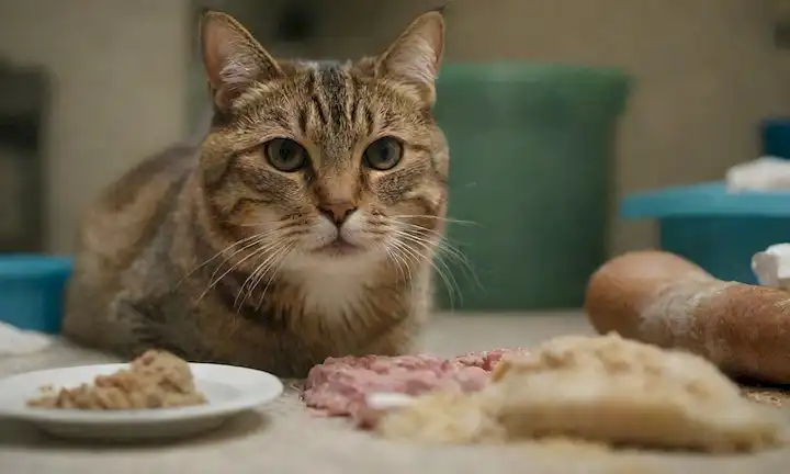 Un gato enfermo con diarrea, vómitos y letargo, rodeado de un ambiente desordenado con comida dispersa, heces, y comidas sin comer; un propietario preocupado sosteniendo al gato, mirando preocupado, con un fondo médico débil o un toque sutil de un entorno hospitalario