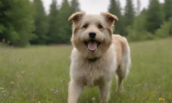 Una foto de un hermoso perro rubio con un cabello facial característico como barba