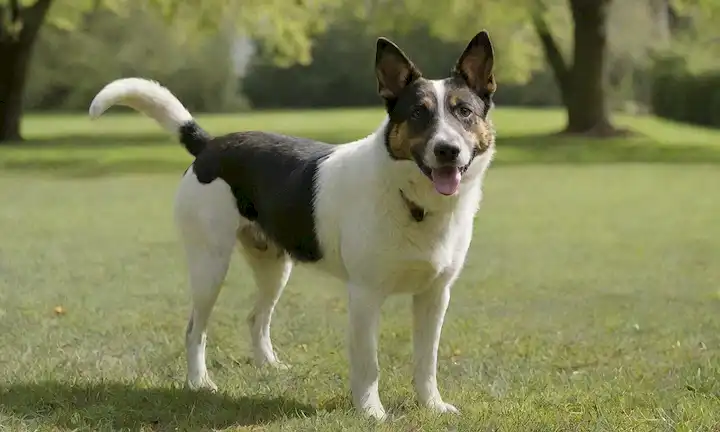 Un perro con un abrigo corto de piel, de pie sobre hierba, rodeado de árboles, mirando directamente al espectador, con su cola ondeando ligeramente, teniendo una expresión amistosa, en un entorno luminoso y soleado