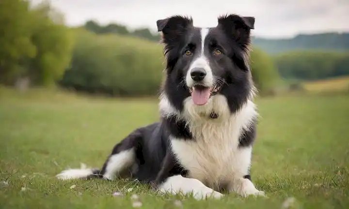 Un perro de collie blanco y negro con un abrigo corto, sentado sobre hierba verde, rodeado de flores florecientes, con una expresión serena, frente a un cálido fondo soleado, con un paisaje rural borroso en la distancia