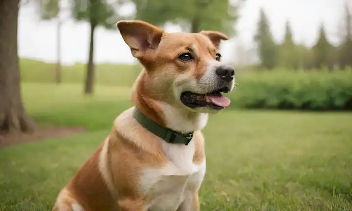 Un perro de pelo corto con una cara amistosa, sentado en césped verde, rodeado de árboles, en foco, iluminación natural, expresión tranquila, textura suave piel, sin distracciones, colores cálidos