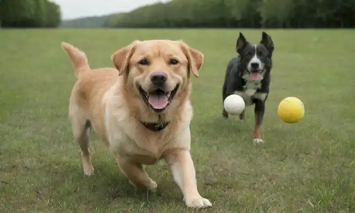 3-4 perros, diversas razas y tamaños, ambiente juguetón, fondo pastoso, día soleado brillante, collares, correas, bolas o juguetes, acercamientos de caras, poses energéticas