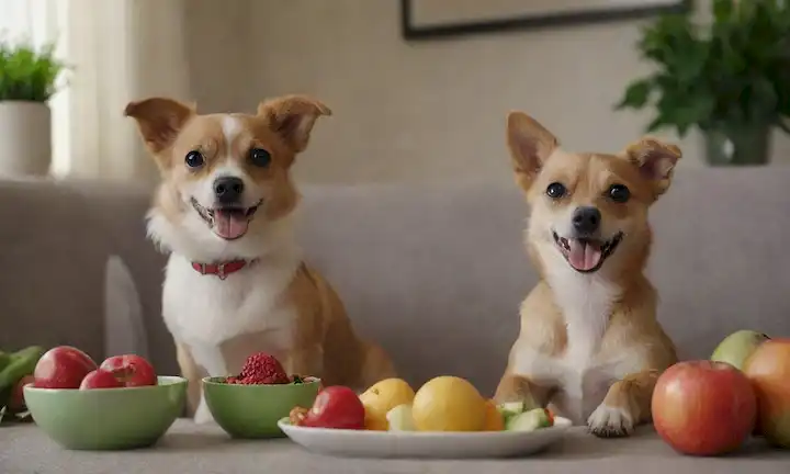 2 perros pequeños con abrigos saludables, sentados en un sofá, sonriendo, rodeado de frutas y verduras frescas, tazones y utensilios para cocinar, y un tazón con su comida favorita Purina ONE Mini, luz natural cálida, vegetación en el fondo, ambiente feliz