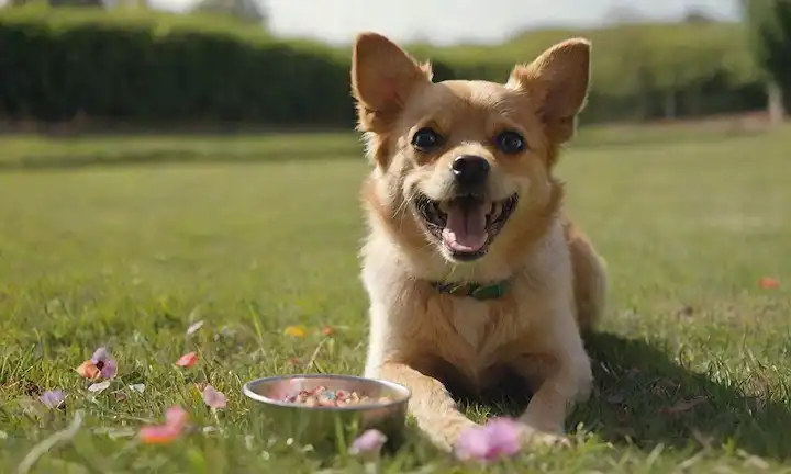 Un perro pequeño feliz y saludable con un abrigo brillante y ojos brillantes jugando en una zona verde de hierba, rodeado de flores coloridas, con un tazón de comida nutritiva en el lado, una fuente de agua fresca cerca, y una suave luz solar que brilla desde arriba