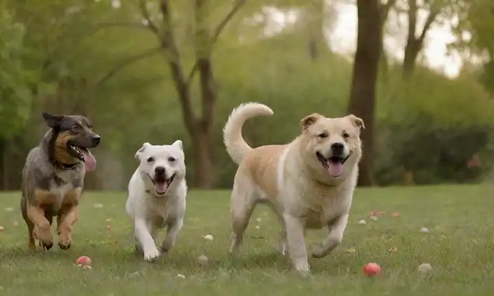 4-6 perros felices, diversas razas y tamaños, jugando juntos en un parque o patio trasero bañado por el sol, con bolas, juguetes y golosinas dispersas; niños sonrientes riéndose y agarrando las manos con los perros; algunas flores y árboles en el fondo para crear un ambiente cálido