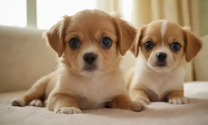 3-4 cachorros adorables con grandes ojos, piel suave y orejas floppy jugando o acurrucando juntos en un ambiente cálido y acogedor como un salón o cama, con juguetes de peluche dispersos alrededor, luz natural filtrando a través de cortinas, y un toque de dulzura y alegría en el aire
