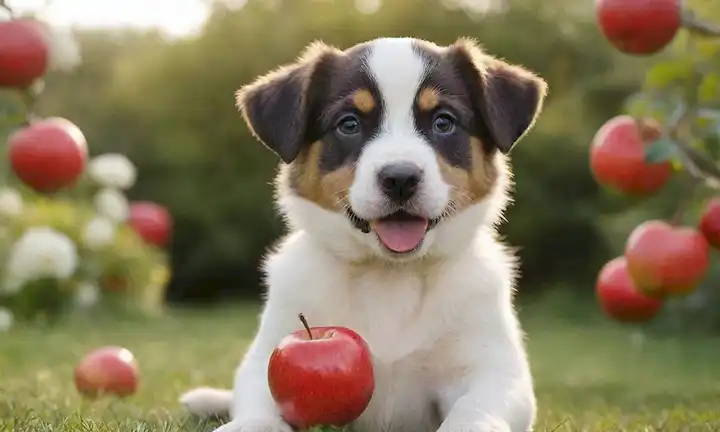 Un cachorro juguetón rodeado de flores, con un fondo soleado brillante, sosteniendo una manzana roja en su pata, teniendo una expresión curiosa en su cara