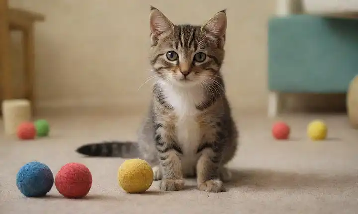Un gatito juguetón rodeado de juguetes y postes de rasguño, con una expresión tranquila y curiosa, sentado en un cojín suave o alfombra, en un ambiente acogedor