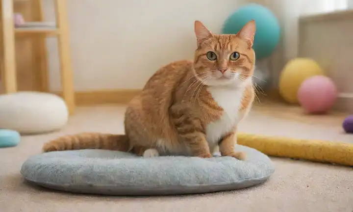 Un gato con grandes ojos redondos y una expresión curiosa, sentado en un cojín suave frente a una almohadilla de entrenamiento o alfombrilla, rodeado de juguetes, postes arañazos y otros objetos de enriquecimiento felino El gato está involucrado con uno de los juguetes mientras que su propietario está sosteniendo un regalo o un juguete de pluma encima de él, creando un ambiente interactivo y juguetón