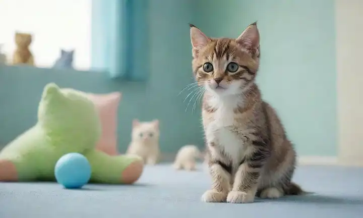 Un gatito juguetón sentado en un fondo tranquilo y sereno con enfoque suave, rodeado de colores calmantes como tonos pasteles de azul y verde, sosteniendo un juguete o objeto en su pata, con una expresión curiosa, transmitiendo sentido de convivencia pacífica en medio del caos potencial