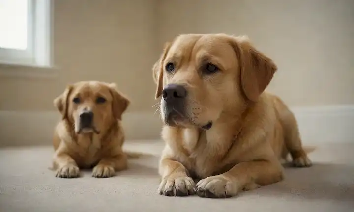 2 perros tranquilos, sentados o acostados, en un fondo neutro, sin distracciones, iluminación suave, entorno cómodo, expresiones faciales relajadas, lenguaje corporal amigable, confianza mutua y comprensión