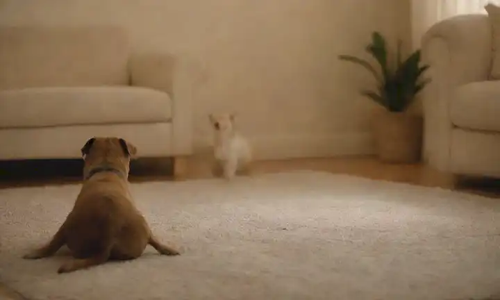 Un ambiente sereno sala de estar con un perro tranquilo sentado en una alfombra, un gato curioso que se acerca cauteloso, una suave presencia humana cerca, iluminación suave, un esquema de color cálido
