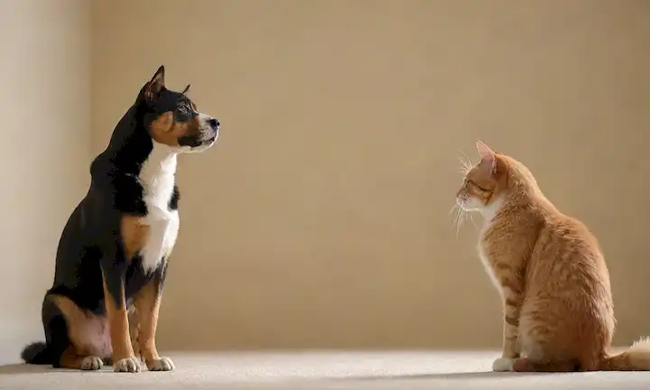 Un perro tranquilo de pie junto a un gato relajado en un fondo neutro
