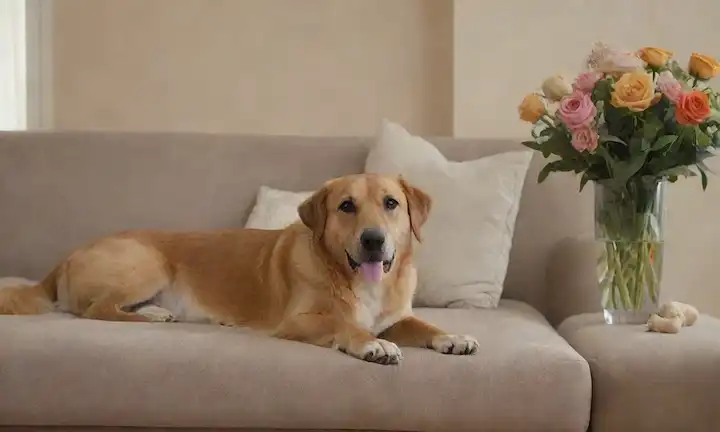 Una escena de salón con un perro tranquilo sentado junto a un gato en un sofá, rodeado de colores y texturas calmantes como paredes beige, cojines suaves, y un jarrón con flores frescas, con un sutil toque de golosinas o juguetes cercanos
