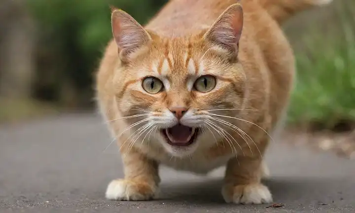Un gato con orejas atrás, cola labrada, y los ojos estrechados; un disparo de cerca de una cara de gatos con silbidos hacia adelante; un gato en la mitad de la poluza; un gato el silbido o el gruñido; un gato con garras sobresaltado; un gato agachado bajo al suelo
