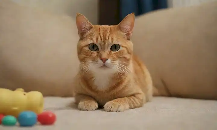 Un gato suave y curioso en un entorno doméstico, con juguetes esparcidos alrededor, iluminación suave, un cómodo sofá o manta, un ambiente tranquilo, sin signos de agresión, colores pacíficos