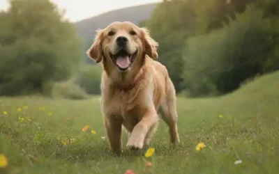 Feliz recuperador de oro jugando al fetch con el propietario en el parque