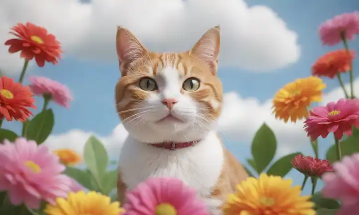 ilustración 3D gato con colores brillantes, cara sonriente, mirada suave, postura juguetona en un fondo blanco o de color claro, rodeado de elementos calmantes como flores, hojas o nubes, mostrando salud y felicidad general