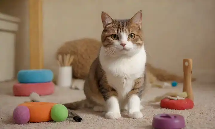 Un gato feliz sentado cómodamente en una alfombra de felpa