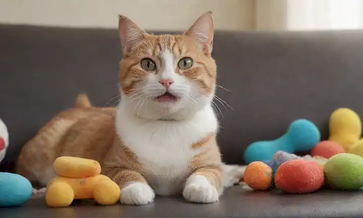 gato feliz con corte de pelo corto, sentado en un sofá, rodeado de juguetes y golosinas, luz de fondo suave, ambiente tranquilo, pinceladas suaves, expresiones juguetonas, textura de piel brillante