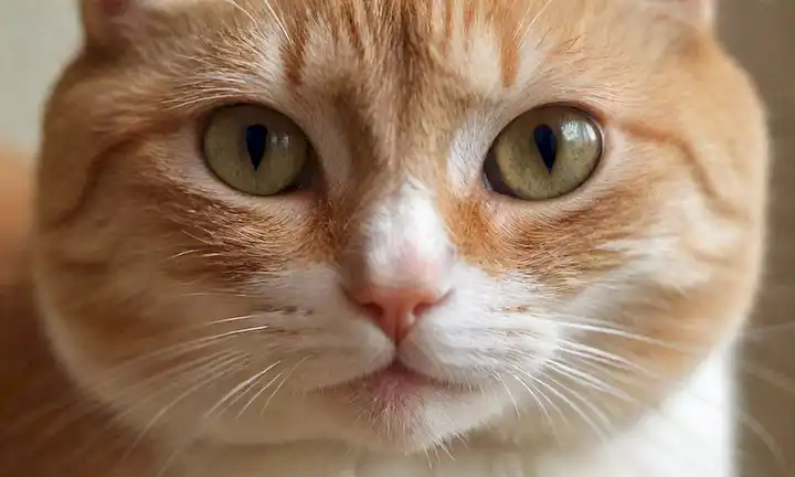 Un rostro suave de gatos con bigotes, una expresión tranquila, textura suave de piel, ojos brillantes, orejas relajadas, una sonrisa sutil y una ligera inclinación a la cabeza
